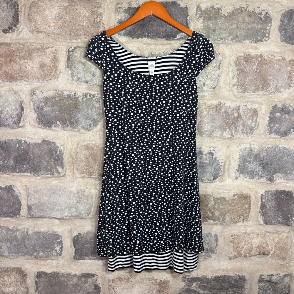 Sangria Womens Black White Polka Dot Striped Mixed Pattern‎ Cap Sleeve Dress M